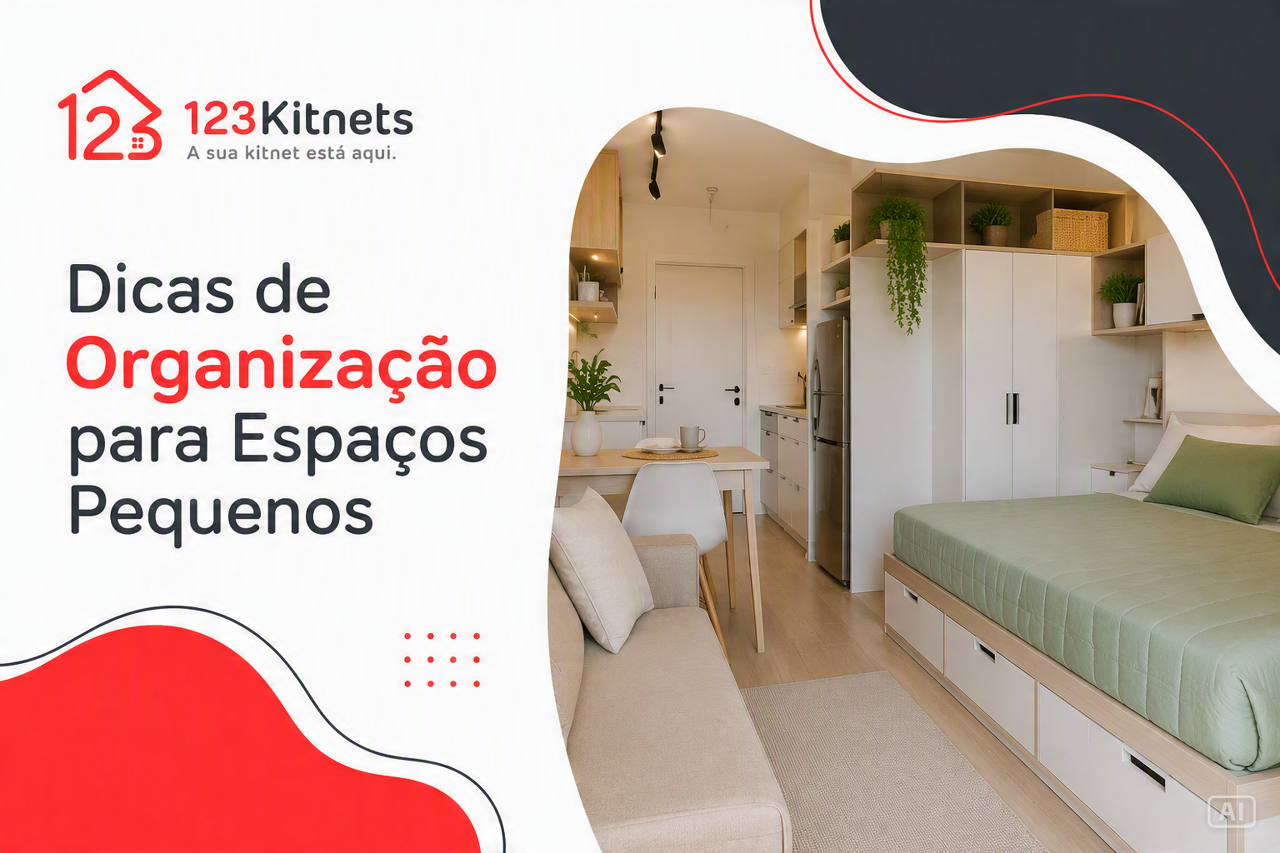 Infográfico com dicas de organização para espaços pequenos da 123Kitnets